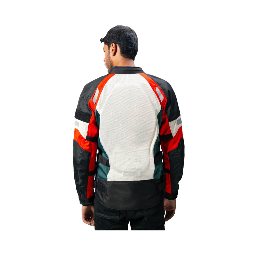 Off-white back motorcycle jacket with red and teal sleeve panels, full front zip