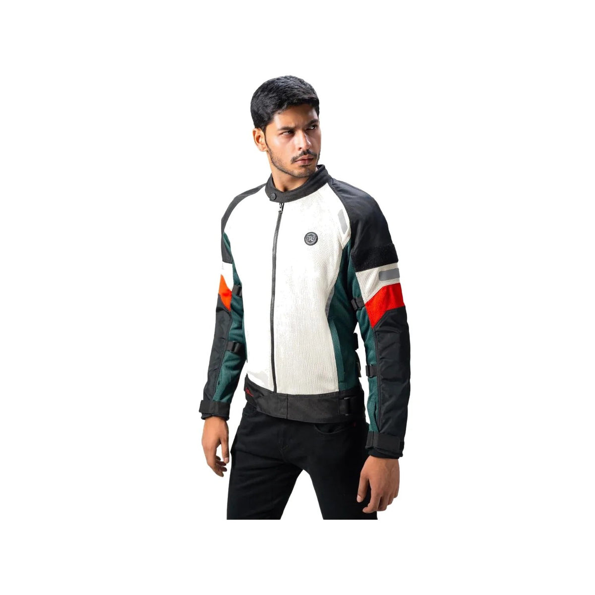 Off-white and black streetwear motorcycle jacket, full front zip, panelled sleeves
