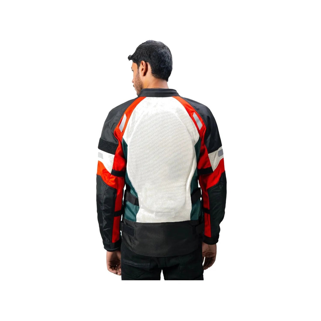 Off-white back motorcycle jacket with red and teal sleeve panels, full front zip