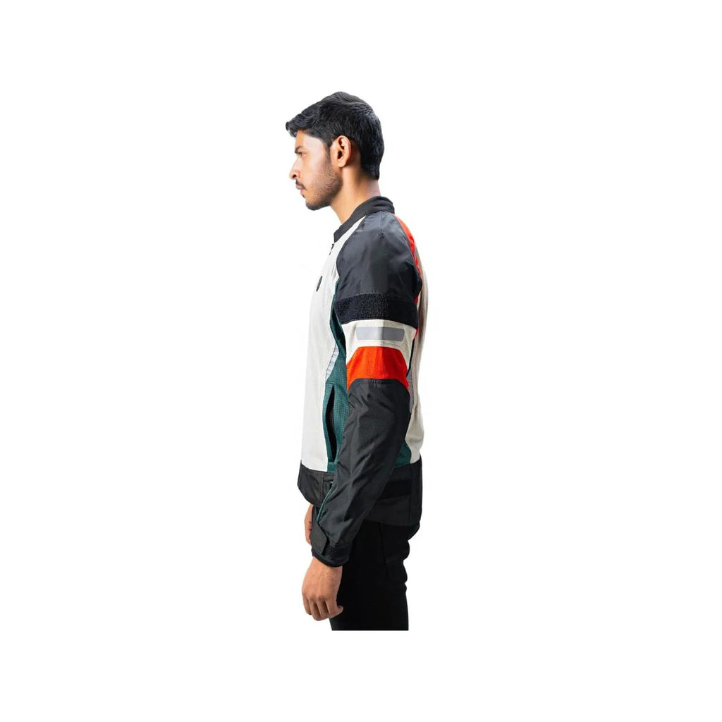 Side view off-white motorcycle jacket with black sleeves and red/teal stripe panels