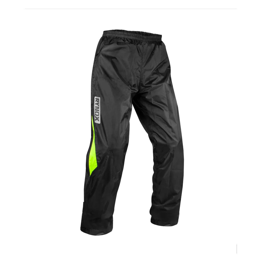 Rynox H2GO Pro waterproof motorcycle rain pants in black with hi-viz green