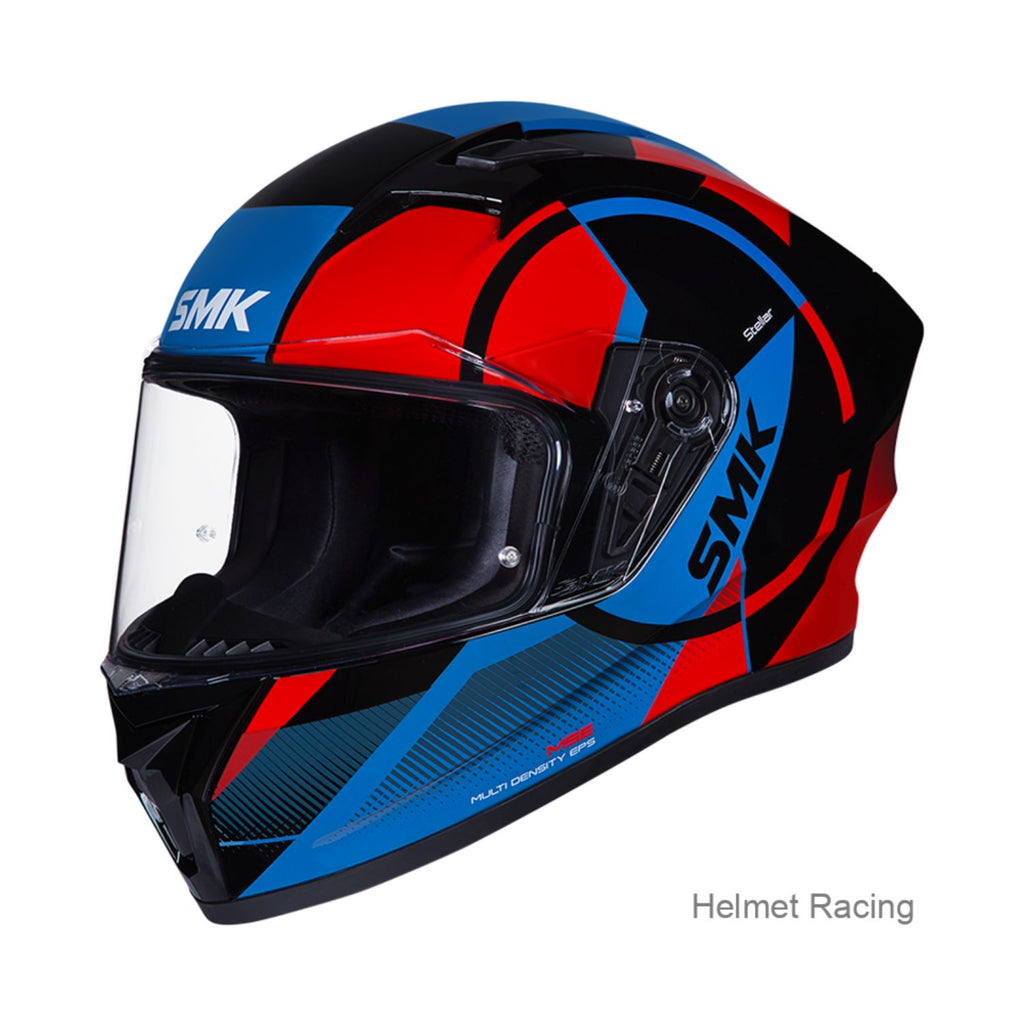 SMK Stellar Faro helmet with red, blue and black racing graphics, clear visor
