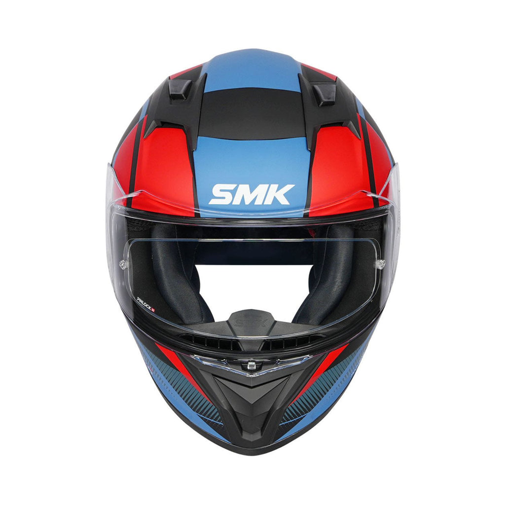 Stellar Faro helmet front view, open visor with red and blue panels