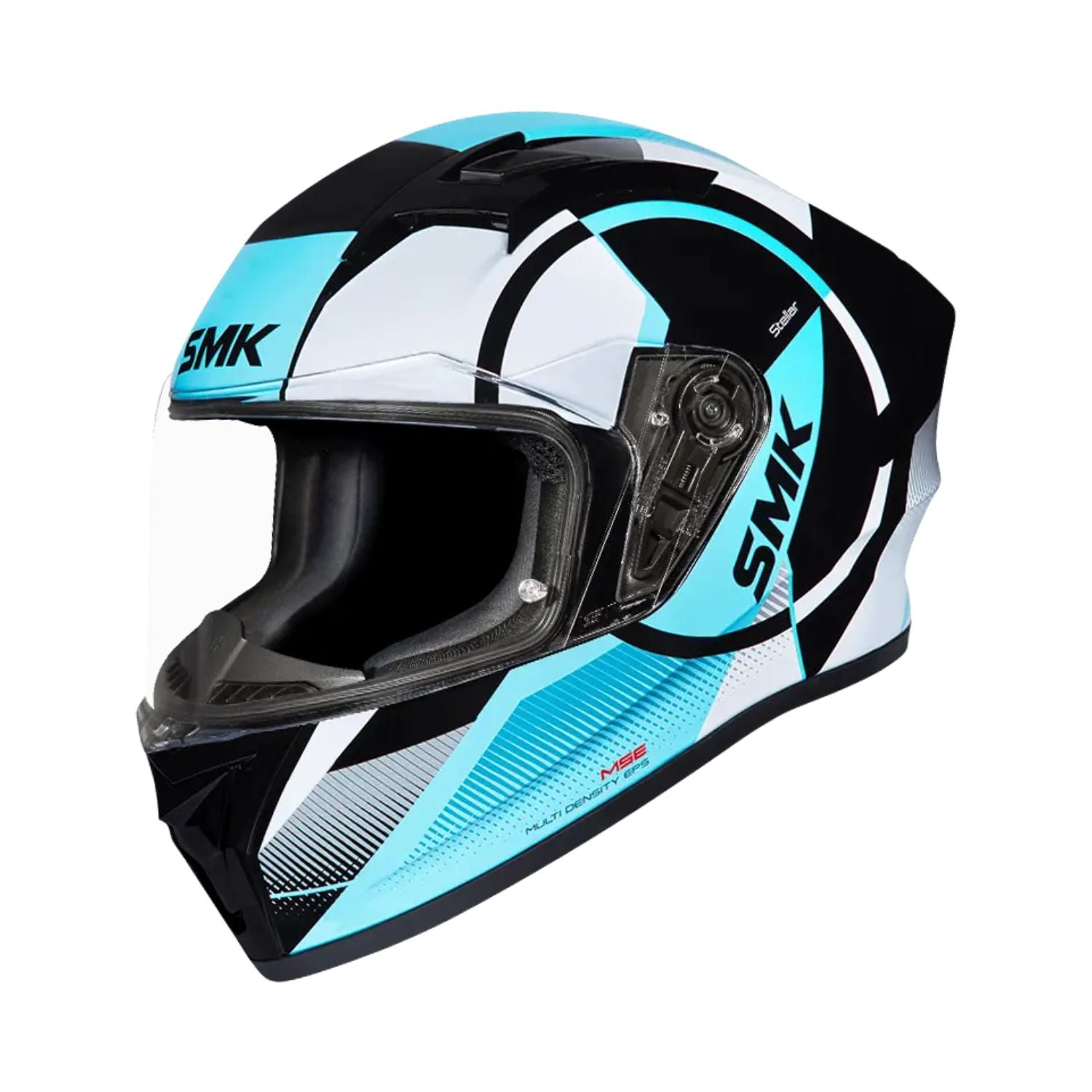 SMK Stellar Faro GRPS GL 554 full-face helmet with clear visor, blue/white/black graphics