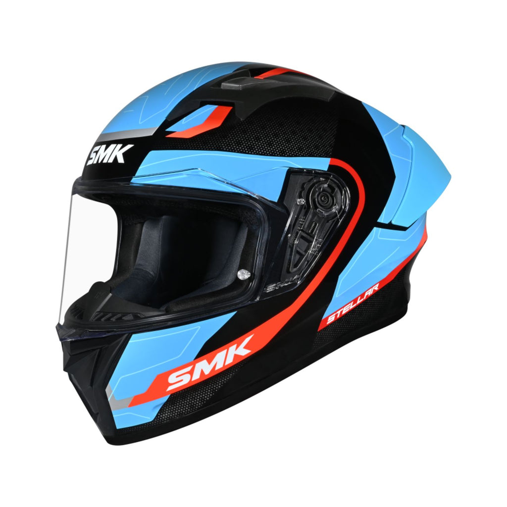 SMK Stellar Flight GL 256 helmet in blue/black with clear visor and chin guard