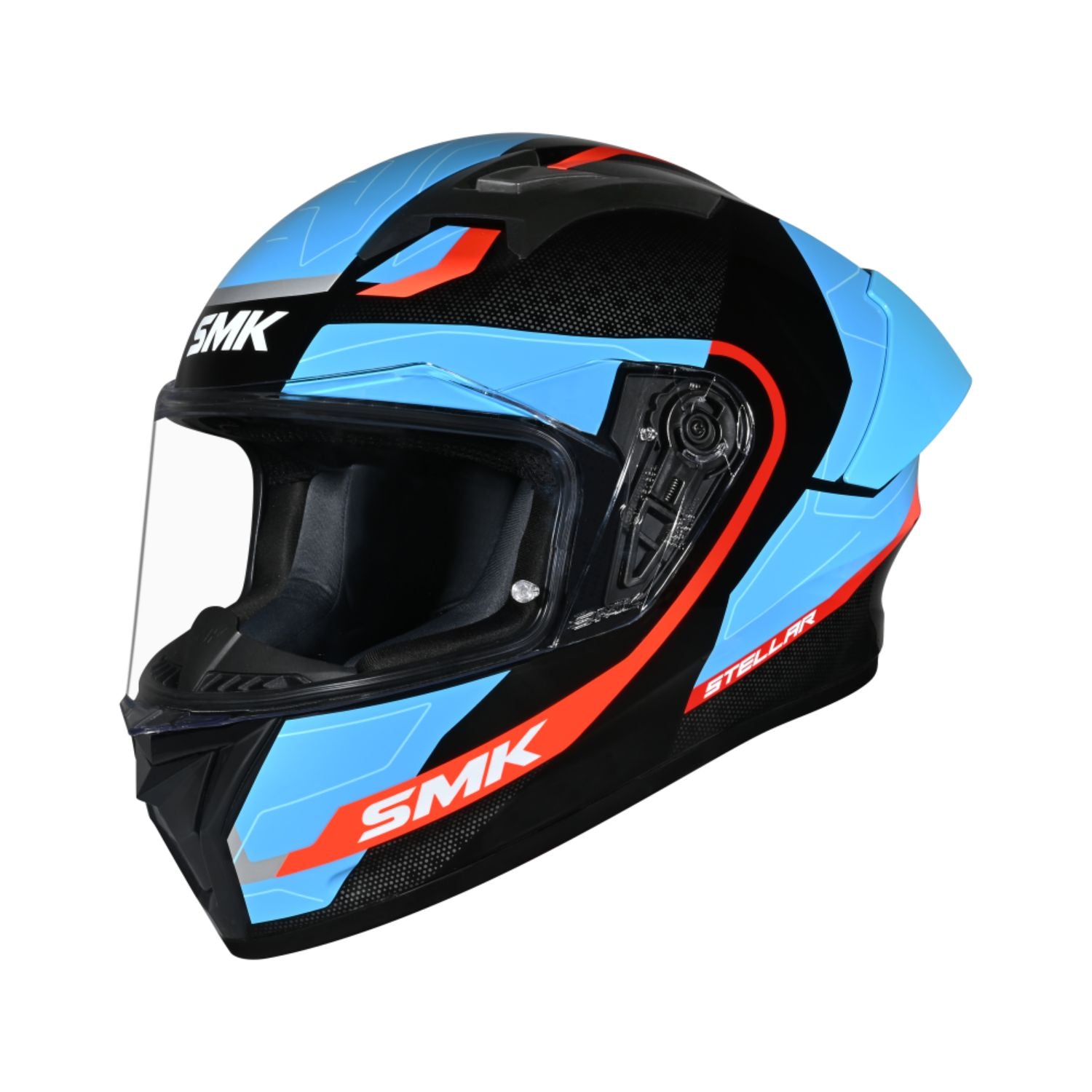 SMK Stellar Flight GL 256 helmet in blue/black with clear visor and chin guard
