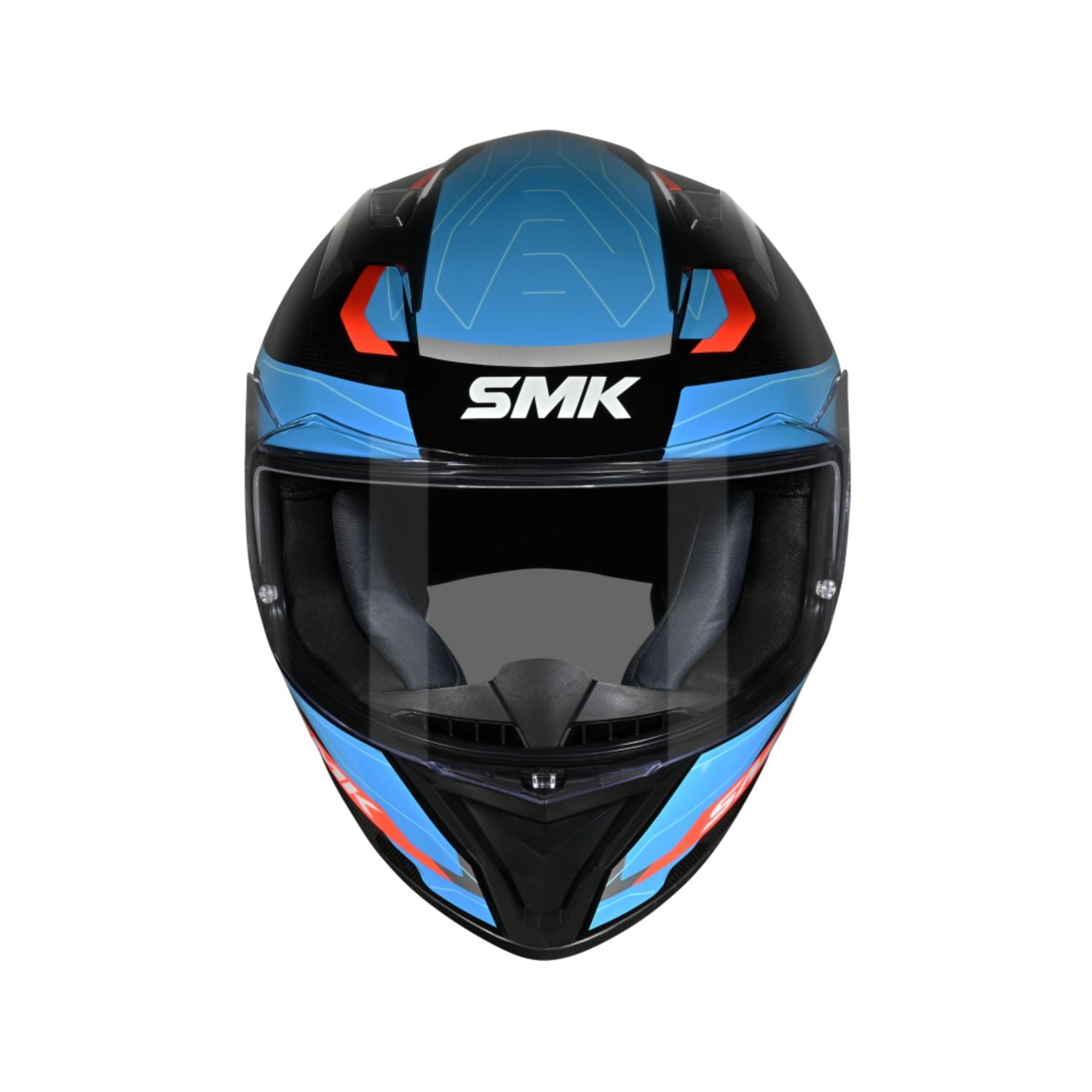 SMK full-face helmet: blue accents, black shell, smoked visor, chin straps