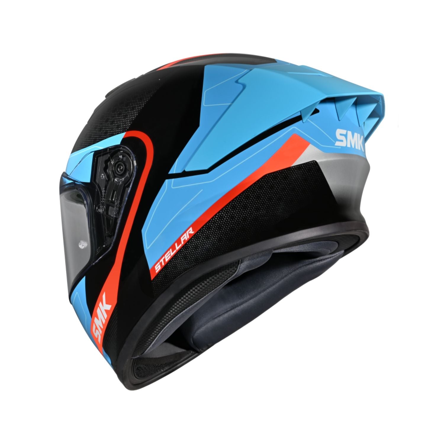 Stellar Flight GL 256 helmet side view, black base with blue panels and red trim