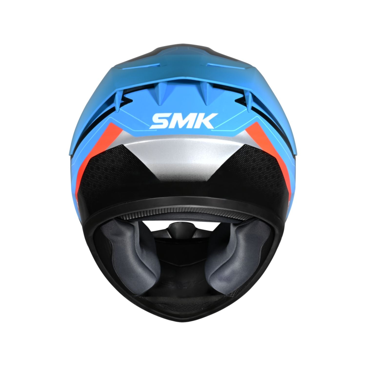 Helmet rear/top: blue crown with SMK logo, black ear area and ventilation