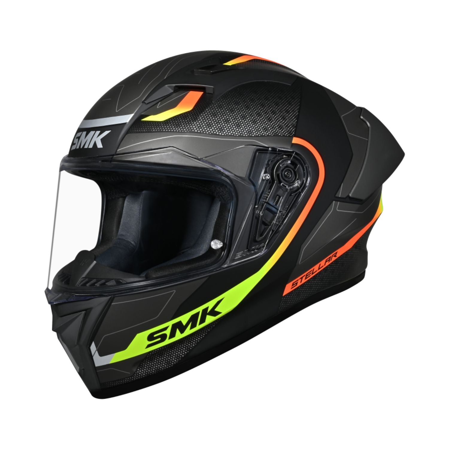Stellar Flight MA 264 helmet, black with neon green and orange accents, open visor