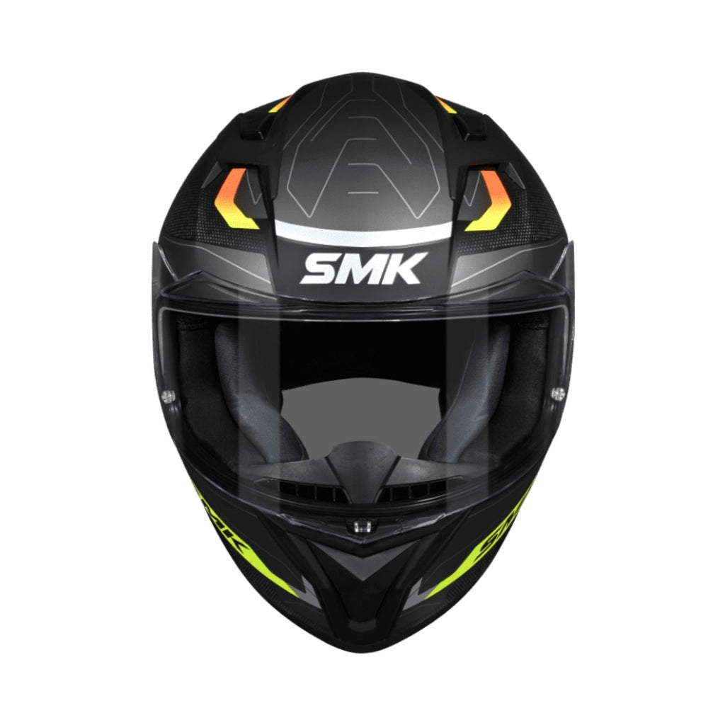 Stellar Flight MA 264 helmet front view, black with neon green accents and orange trim