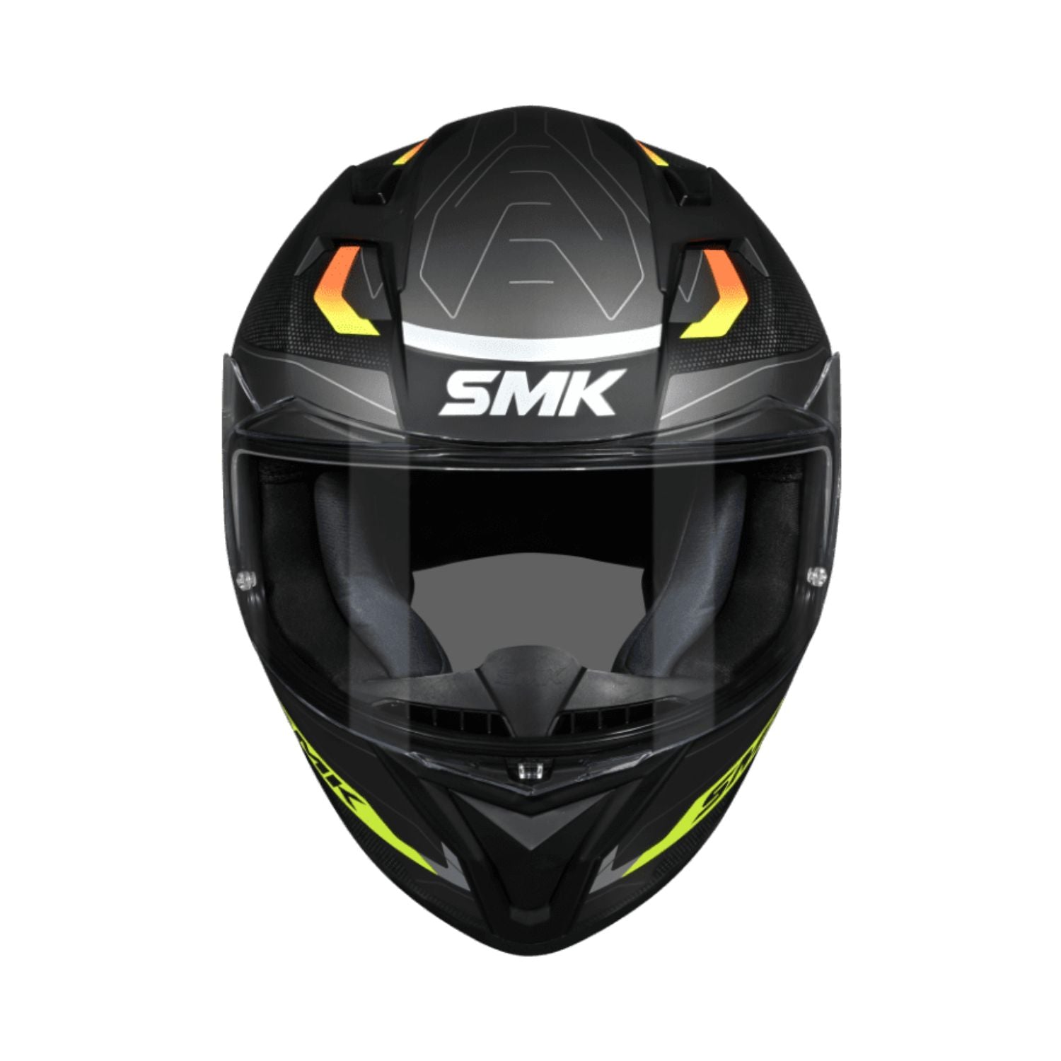 Stellar Flight MA 264 helmet front view, black with neon green accents and orange trim