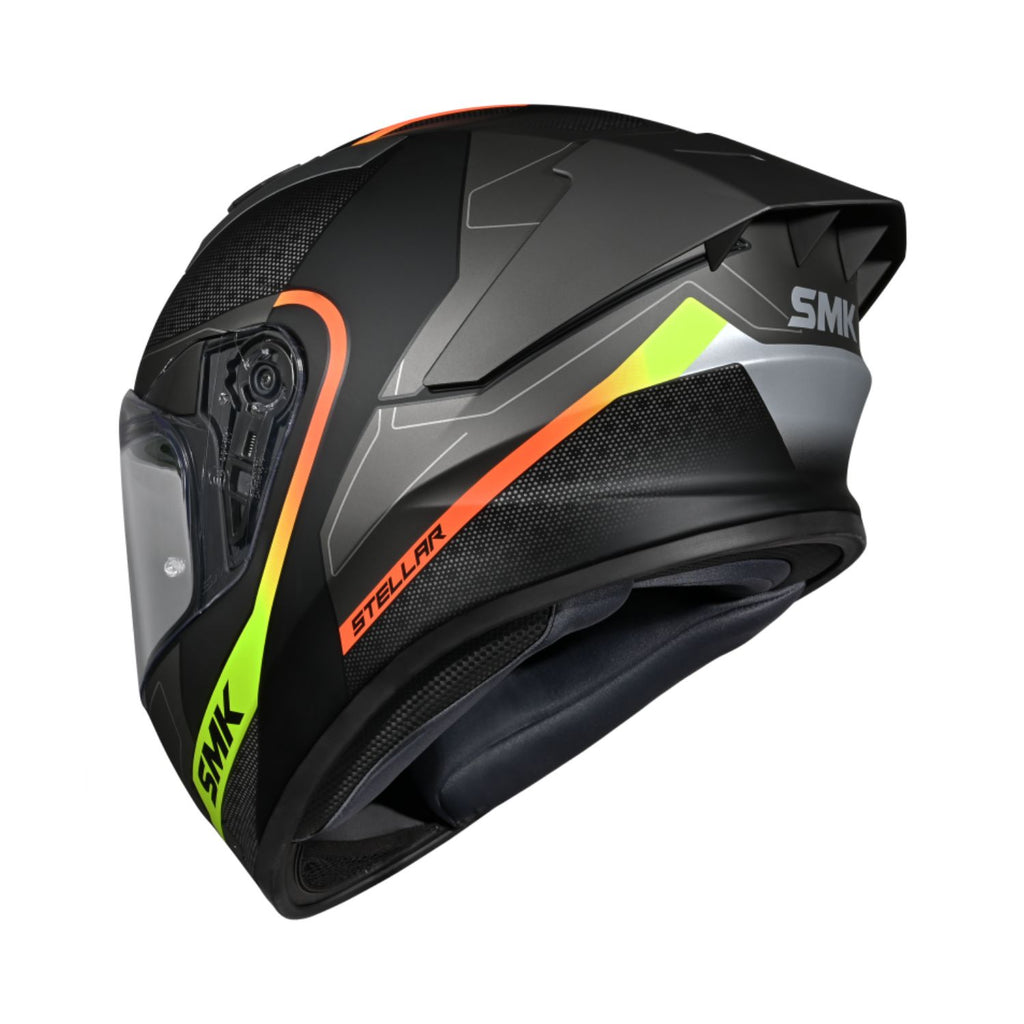 Stellar Flight MA 264 helmet side view, black shell with orange and neon green stripes