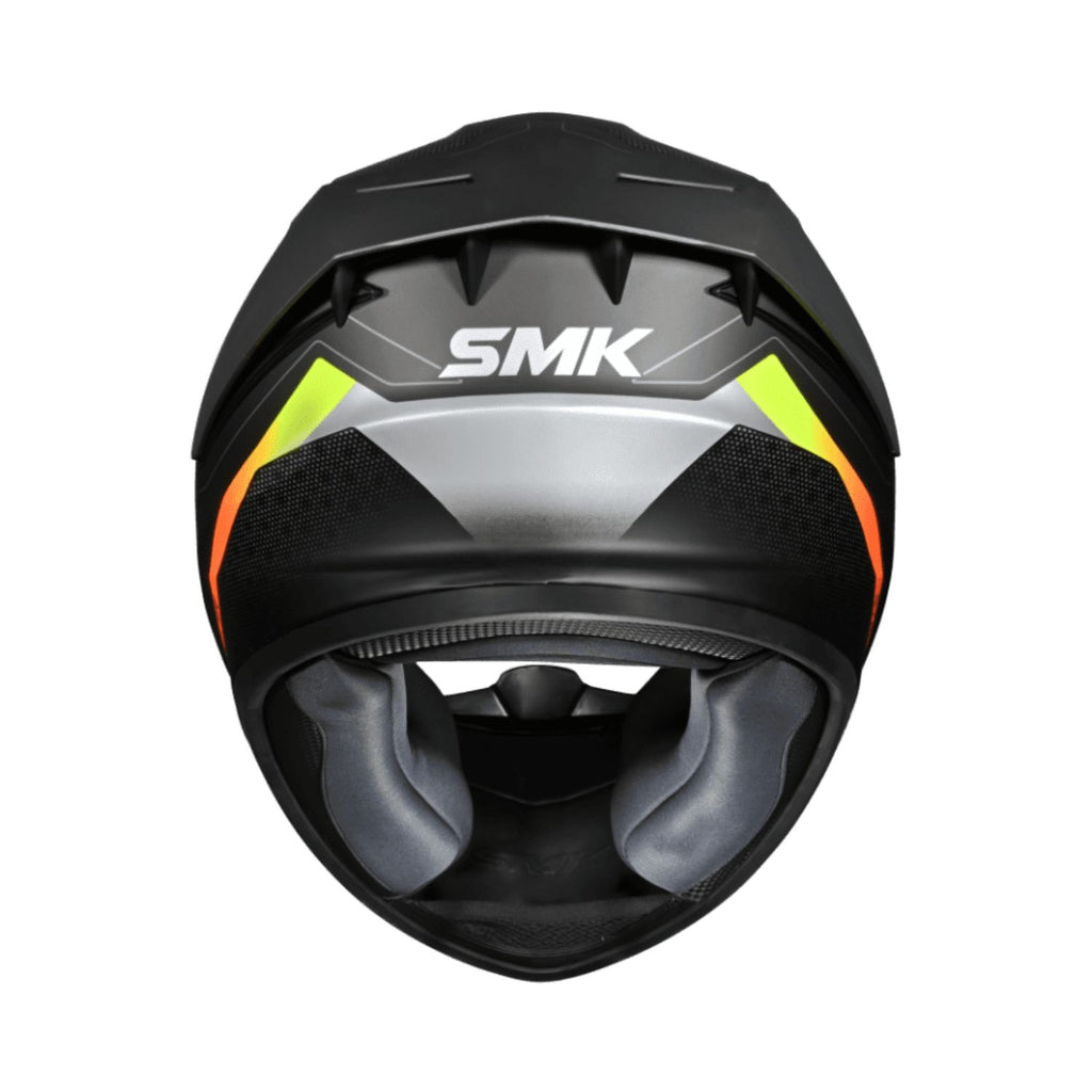 Stellar Flight MA 264 helmet rear view, black with neon green and orange highlights