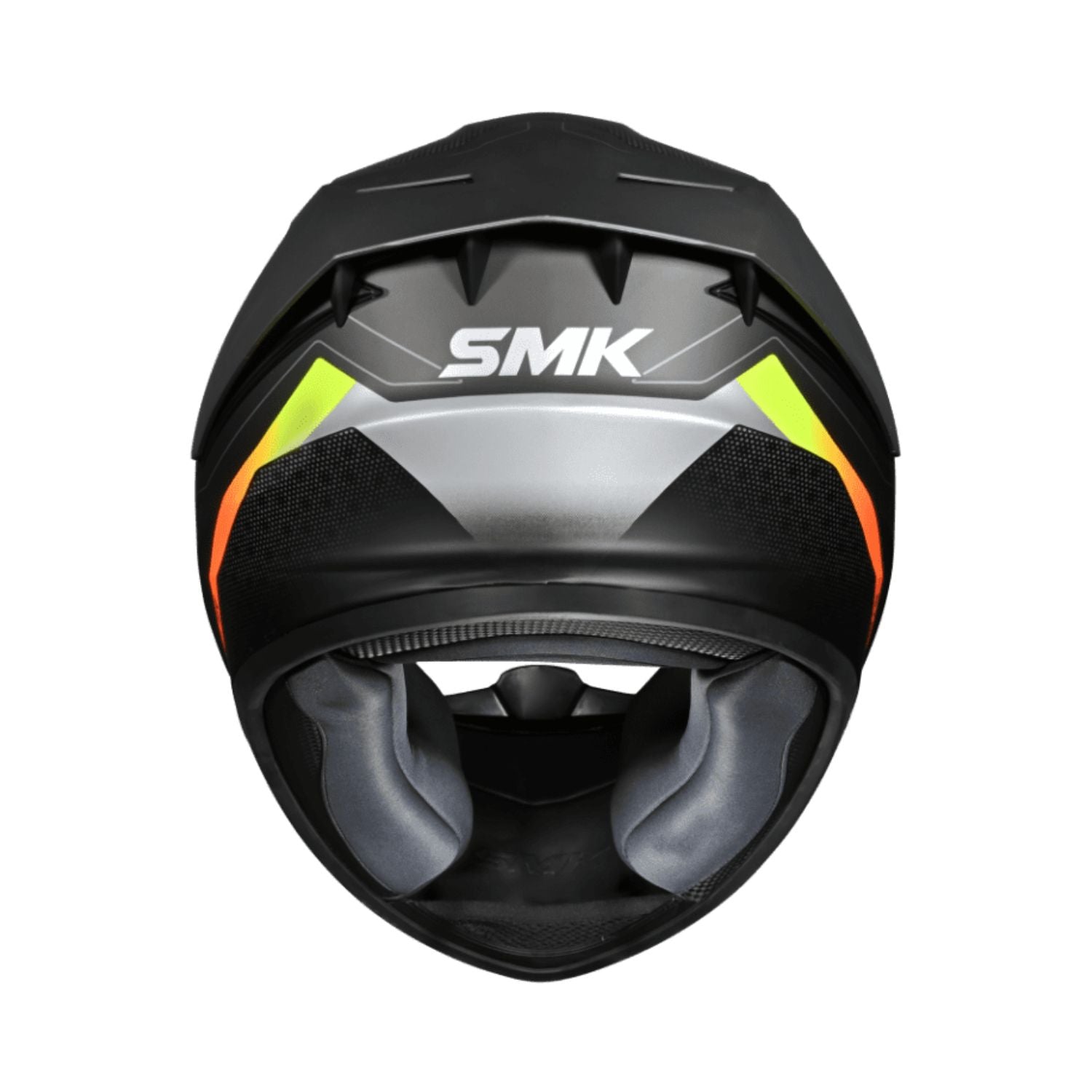 Stellar Flight MA 264 helmet rear view, black with neon green and orange highlights
