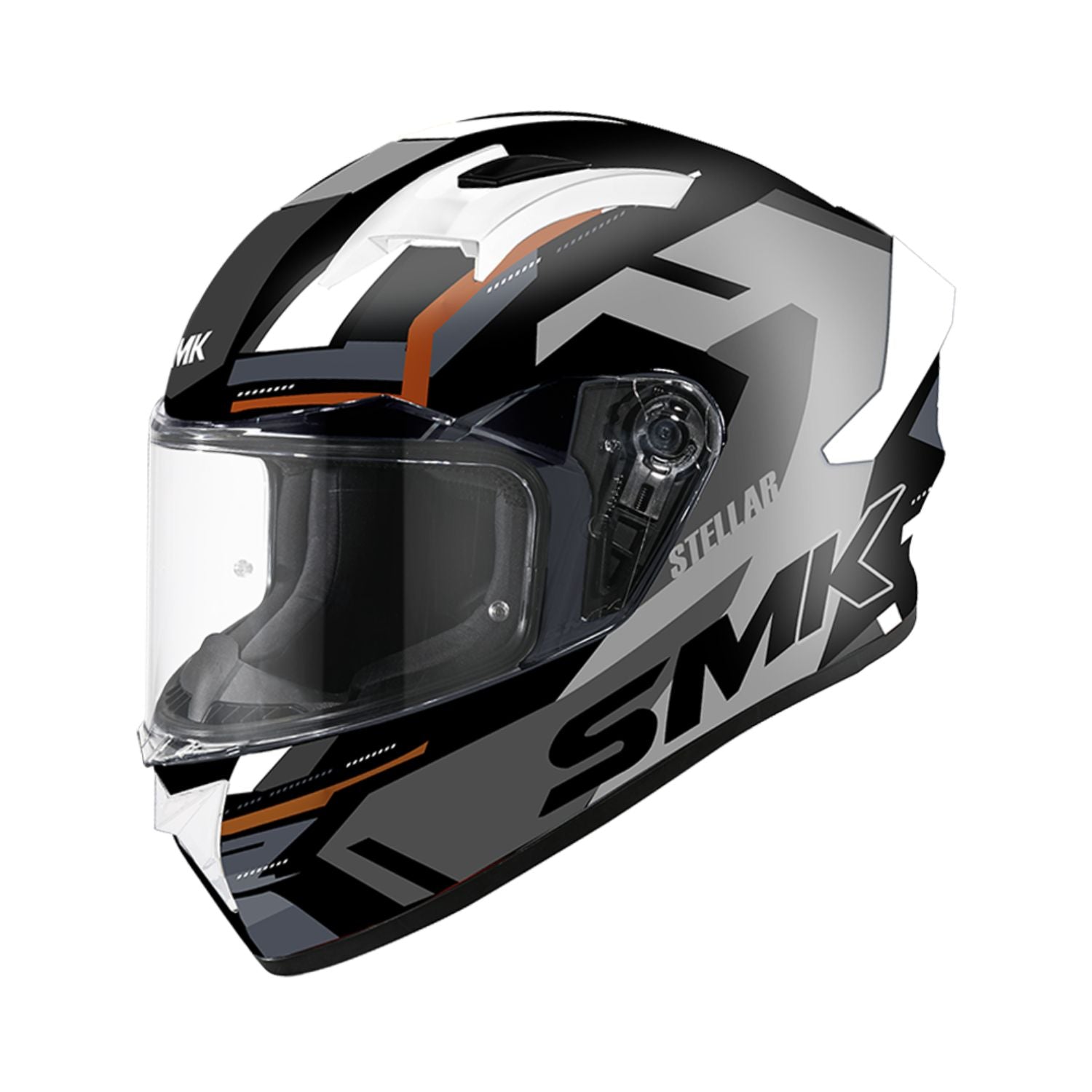 Full-face SMK Stellar K Power MA 267 helmet with clear visor, black/grey and orange accents