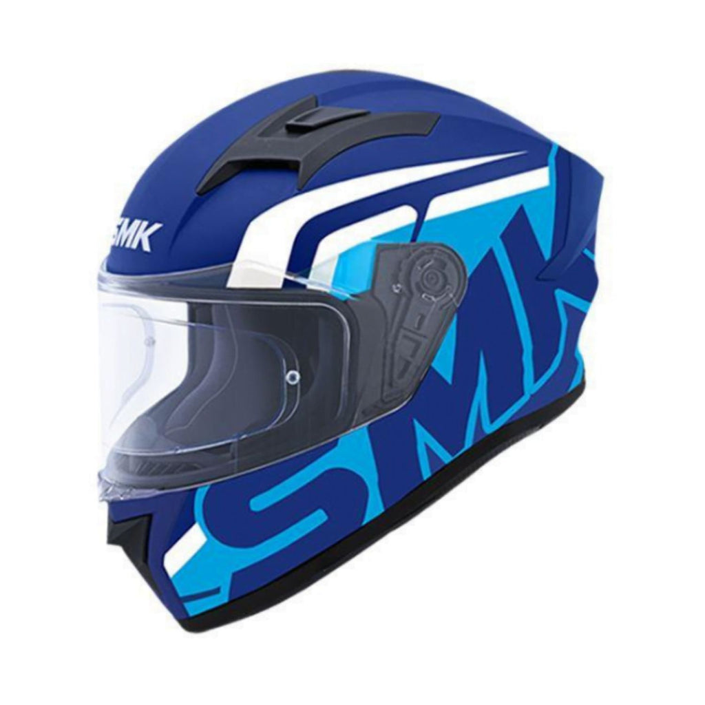 SMK Stellar Stage helmet, glossy blue and white graphic with clear visor