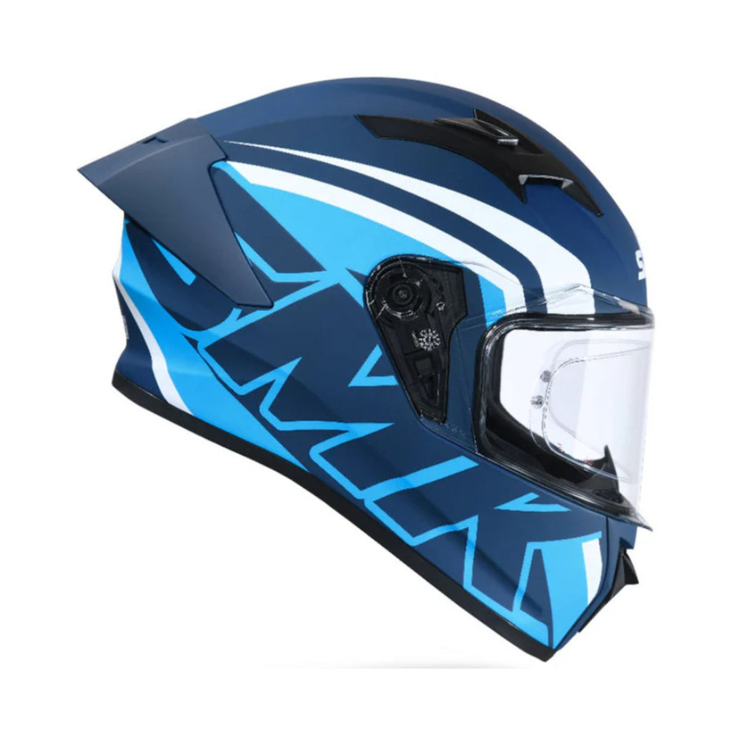 Stellar Stage helmet with blue, light-blue and white angular racing graphics