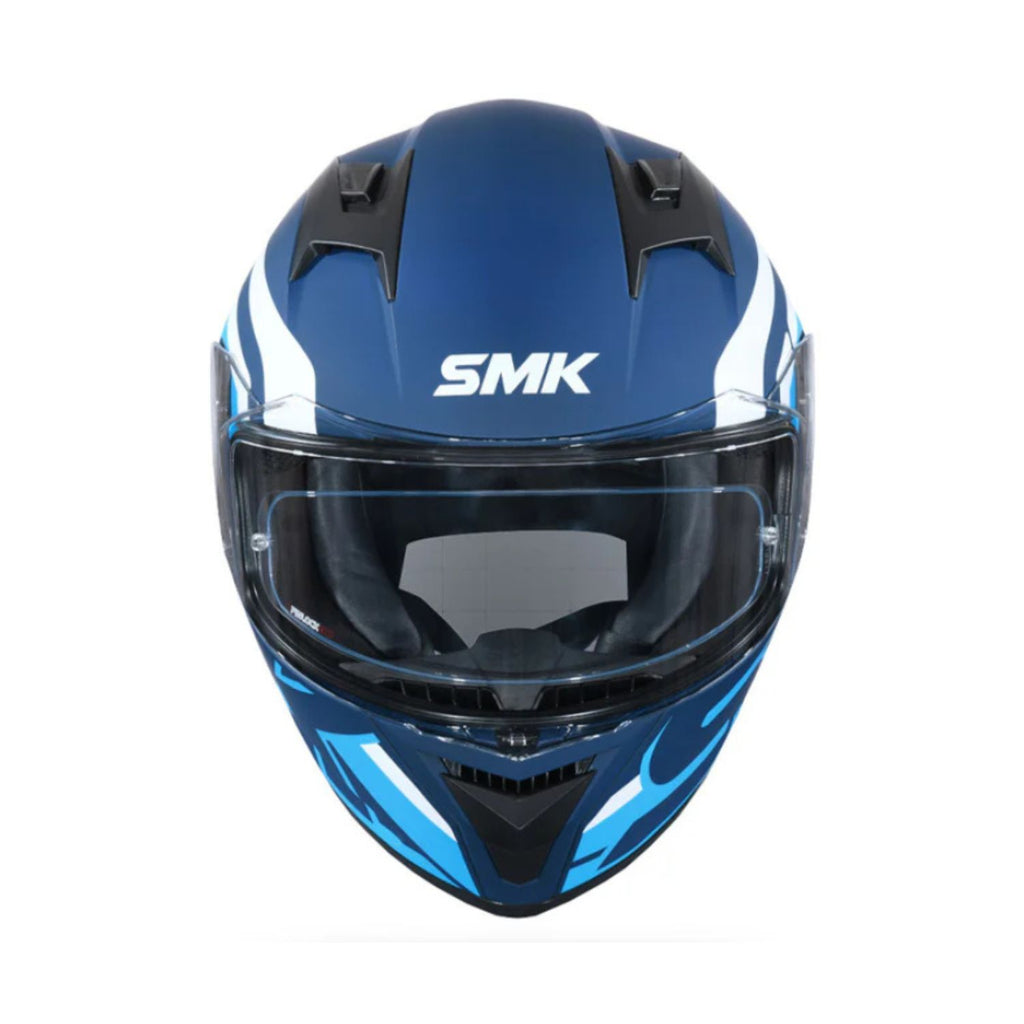 SMK full-face helmet, blue shell with white stripe, open visor and chin vent