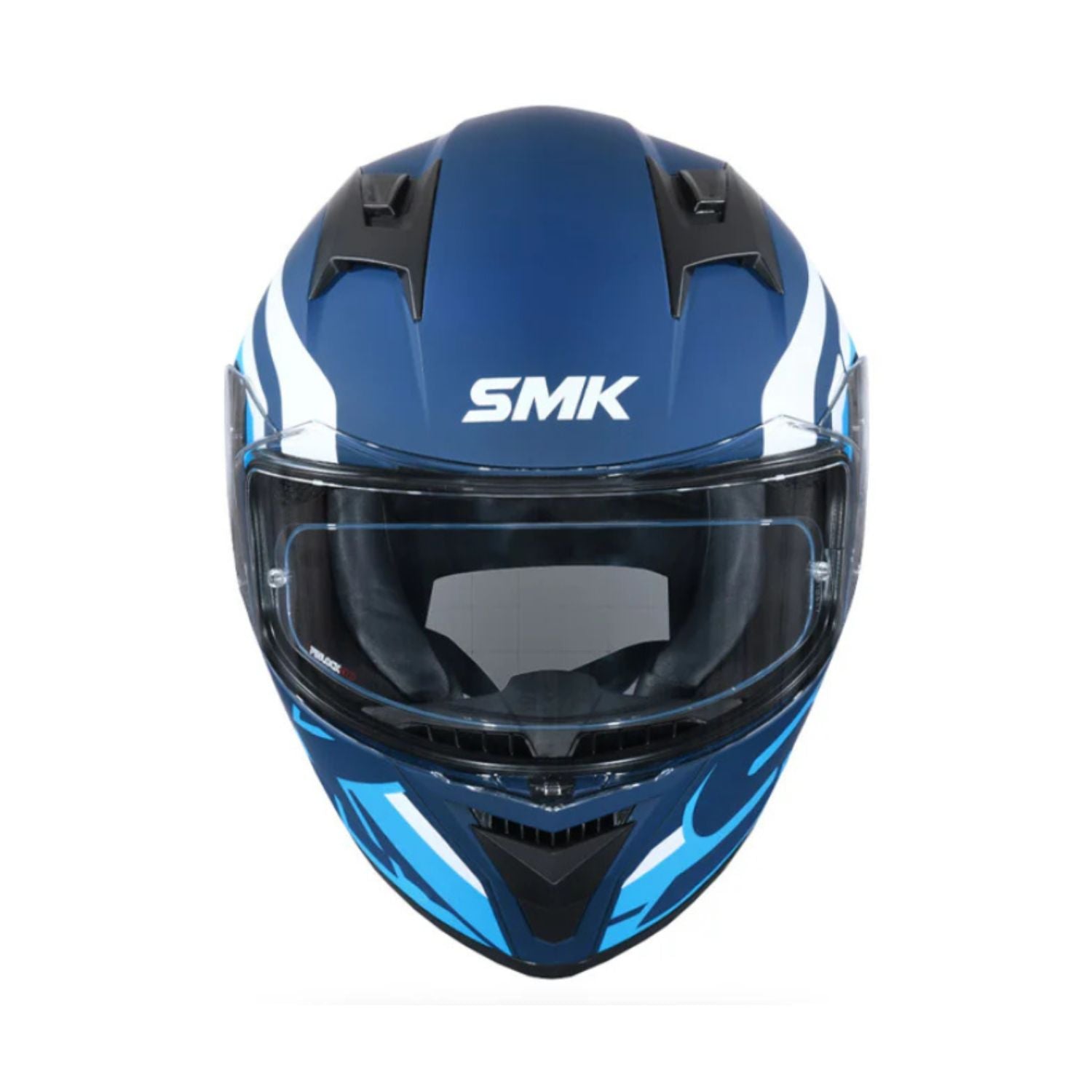 SMK full-face helmet, blue shell with white stripe, open visor and chin vent