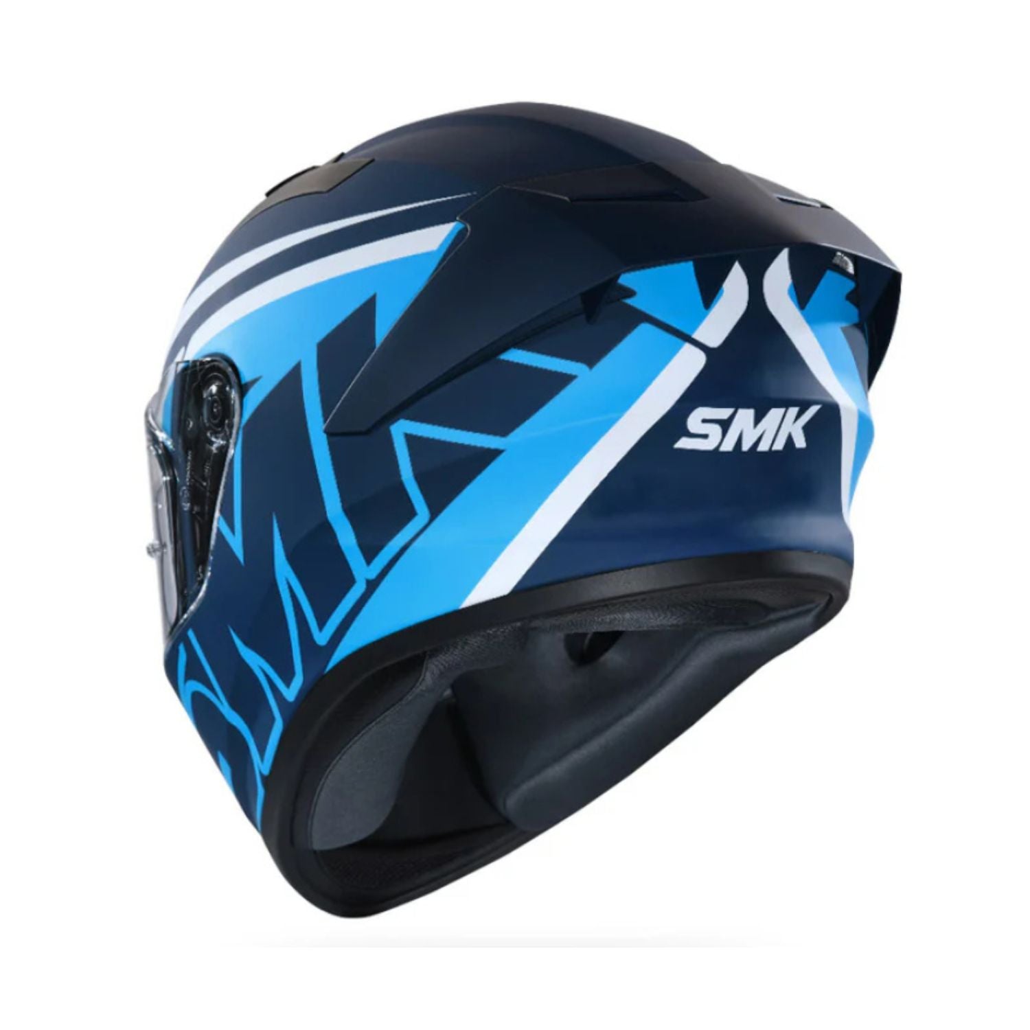 Blue-and-white Stellar Stage full-face helmet with side SMK logo and clear visor