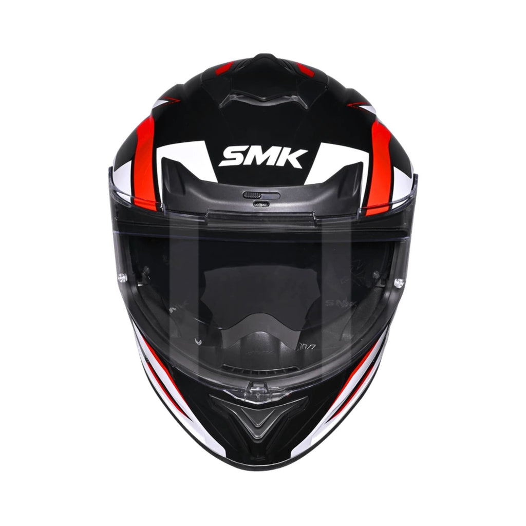 SMK Klapphelm Vorderansicht mit getöntem Visier, schwarz-rot-weiß Design