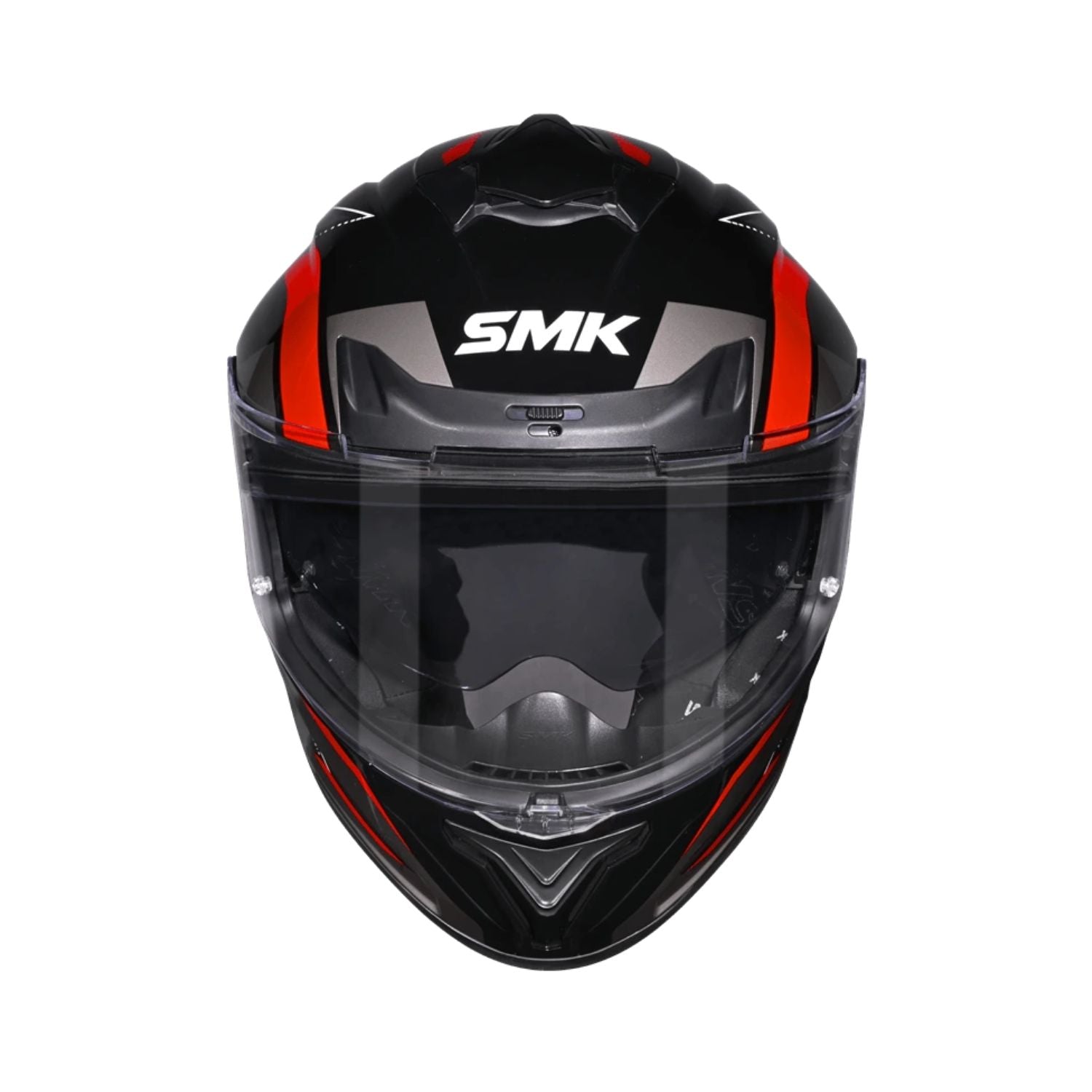Full-face helmet front view, black with red accents, SMK logo on top