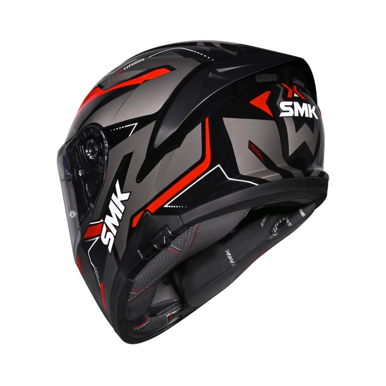 Helmet side profile with black and red SMK graphics, clear visor and chin guard