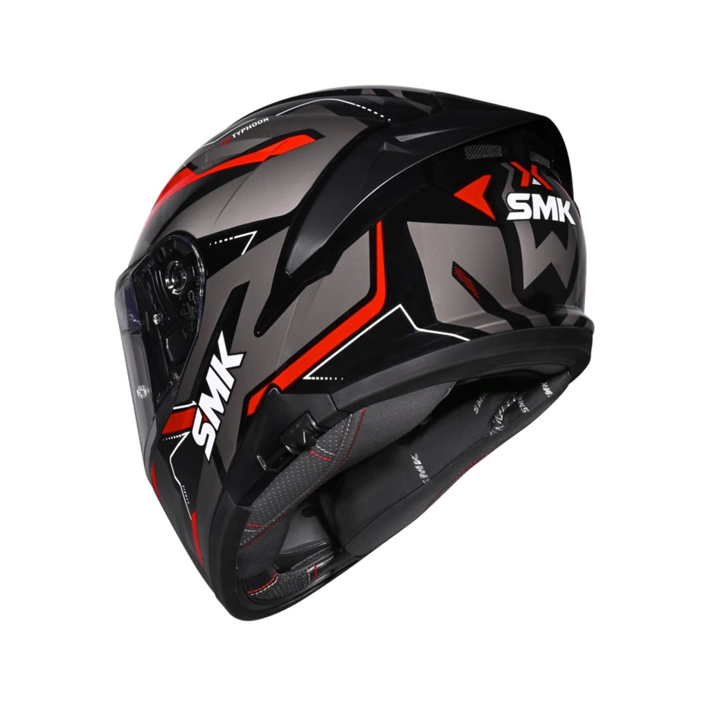 Typhoon Azonix MA 263 helmet, black shell, red side graphics, visor down