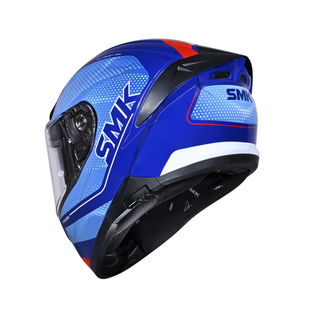 Blue and black full-face helmet with SMK graphic and clear chin guard