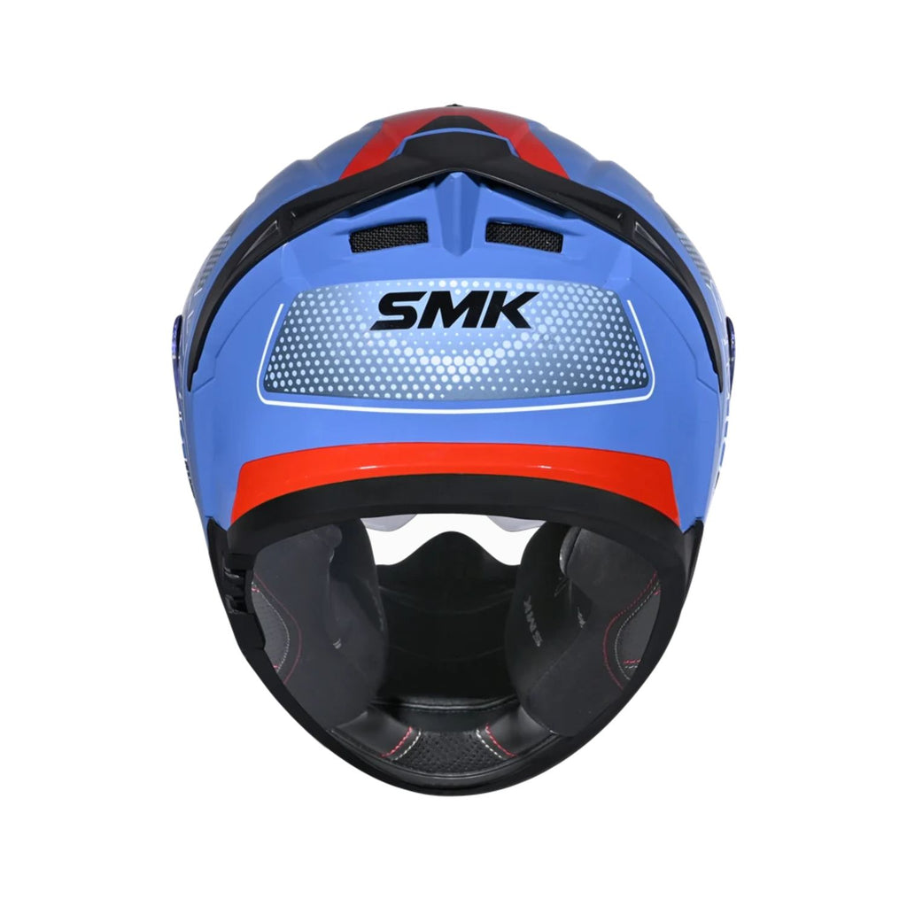Blue full-face helmet with SMK logo, red stripe, and front ventilation slots