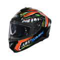 Black full-face motorcycle helmet with orange/green graphics and clear visor.