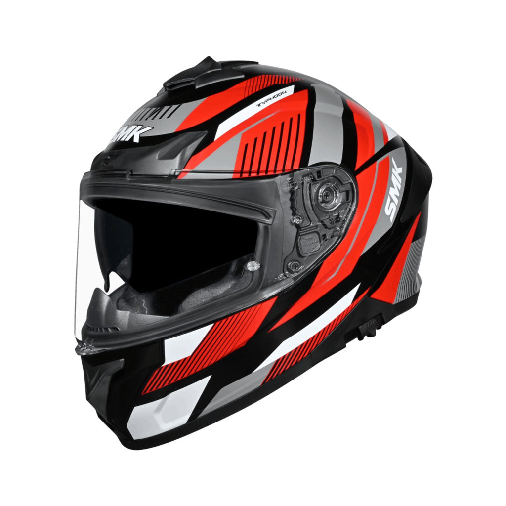 Typhoon Sparko helmet in black with red/white graphics, clear visor open, chin area visible