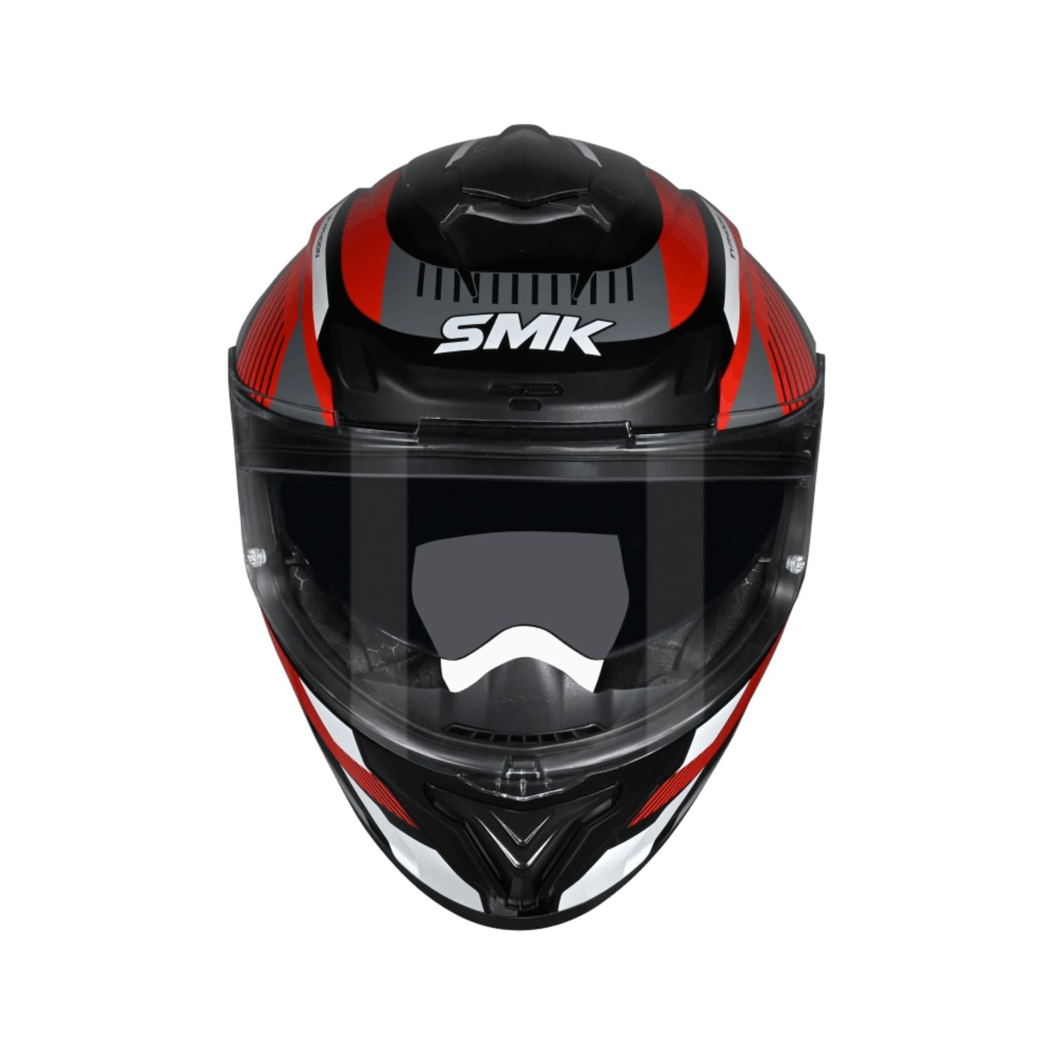 SMK Typhoon Sparko full-face helmet, front view with dark visor and red stripes