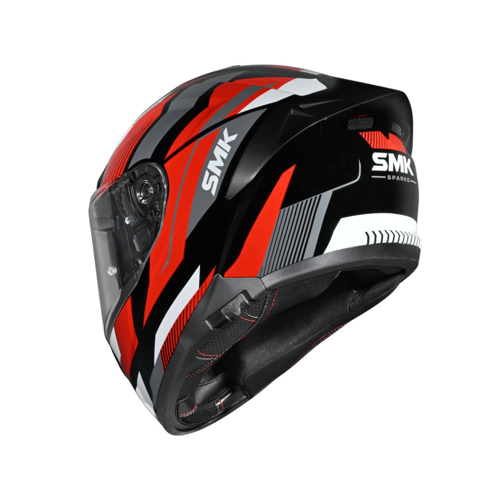 Typhoon Sparko full-face helmet, side view with red diagonal stripes and SMK logo