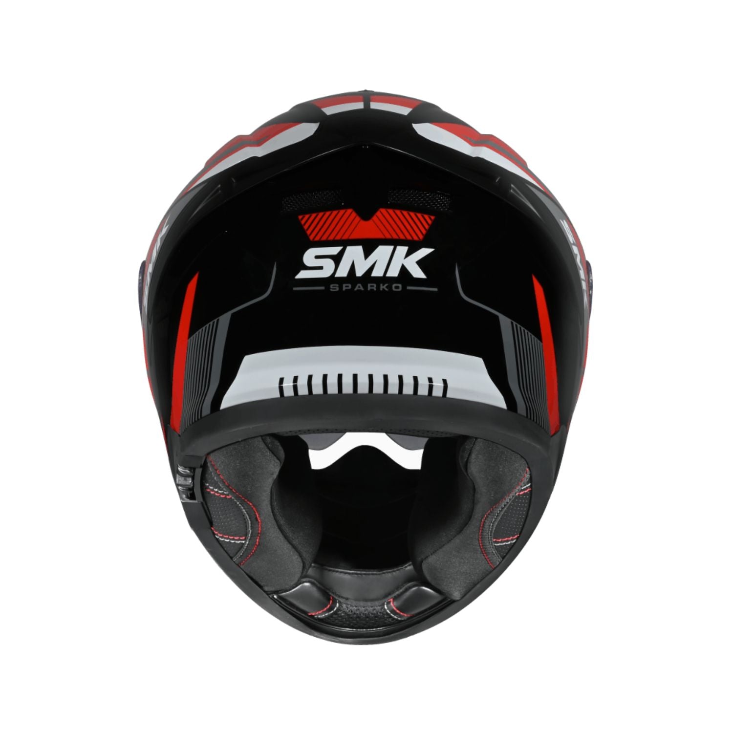 Typhoon Sparko helmet, open front showing padded interior and chin guard, red accents