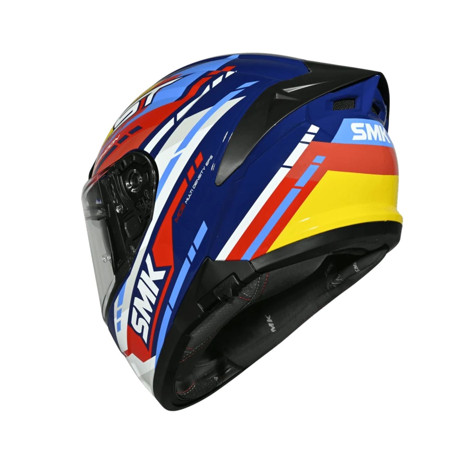 Dual-sport motorcycle helmet with blue, black, yellow panels and visor