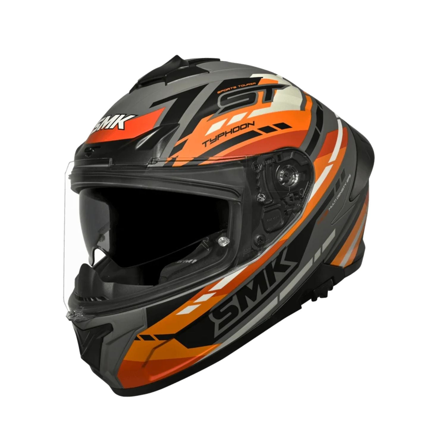 Full-face sports tourer helmet, black with orange graphics and raised clear visor