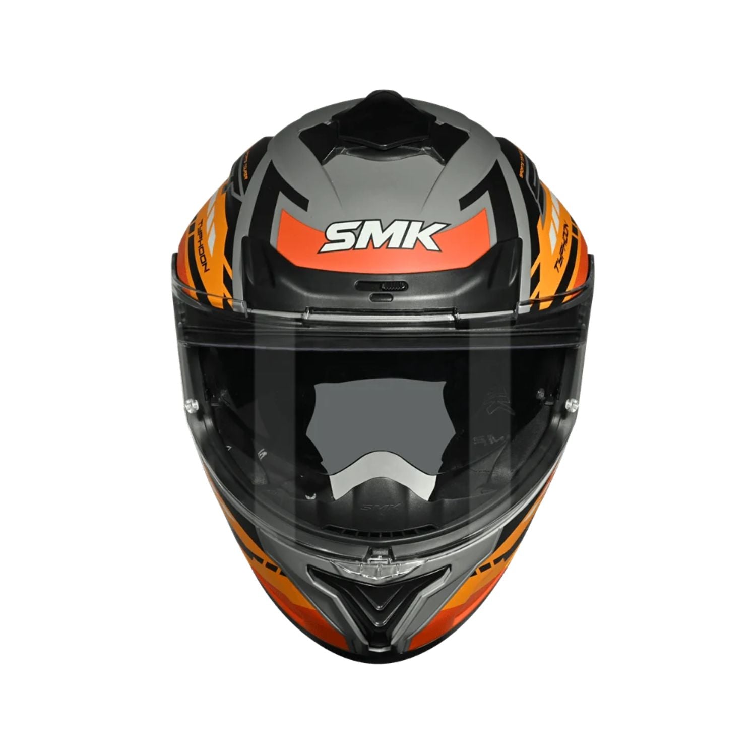 Full-face helmet front view with clear visor and orange-and-black aerodynamic graphics