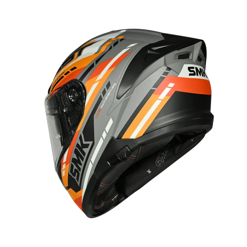 Side view full-face helmet in black, gray and orange with vent details
