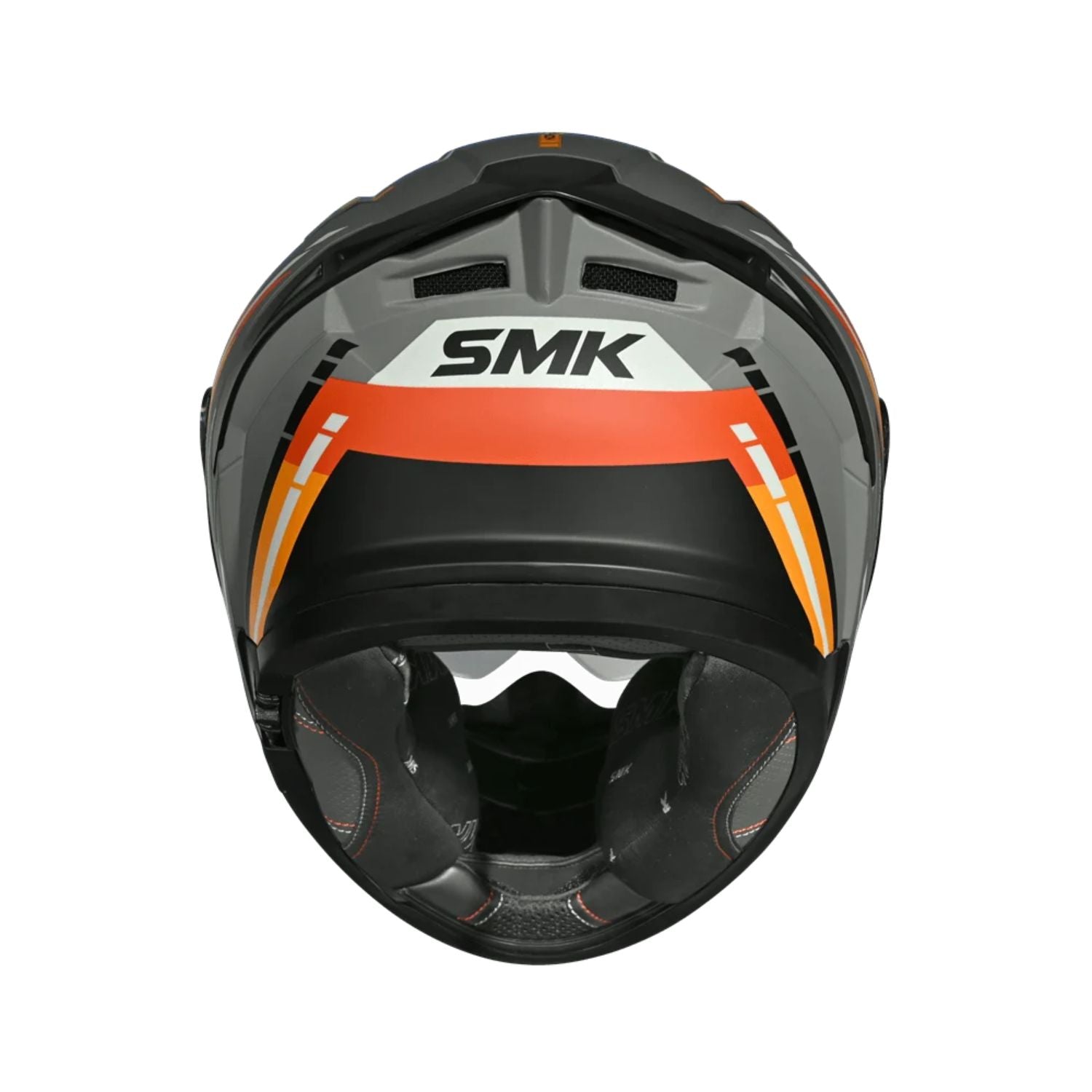 Helmet interior and chin area with visor open; black padding with orange accents