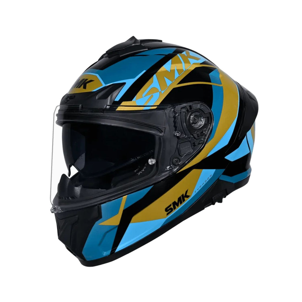 Typhoon GL 275 full-face helmet, glossy black with blue/gold graphic stripes, open visor