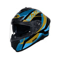Typhoon GL 275 full-face helmet, glossy black with blue/gold graphic stripes, open visor