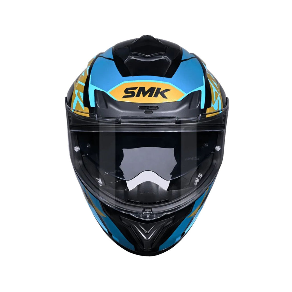 Typhoon GL 275 full-face helmet front view, glossy black/blue/gold, visor closed