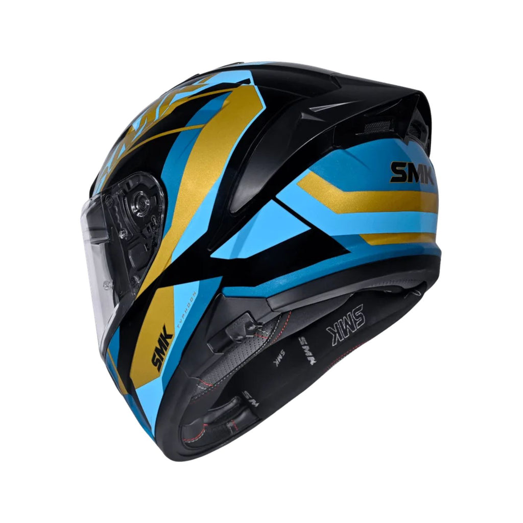 Typhoon GL 275 helmet side view, glossy black with blue panels and gold accents