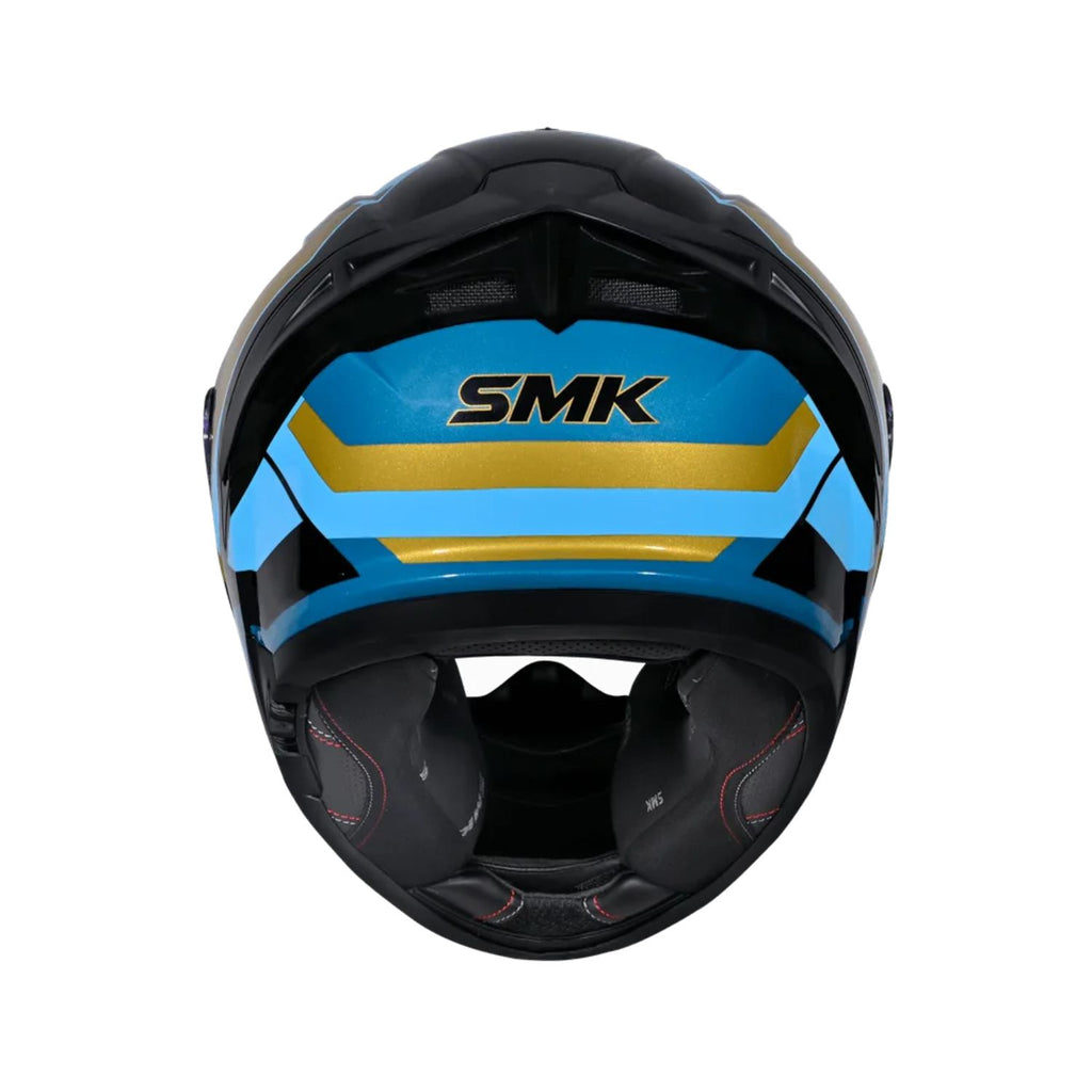 Typhoon GL 275 helmet front, with interior padding and blue/gold stripe design