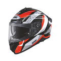 Full-face helmet: matte black with red and grey graphics, clear visor