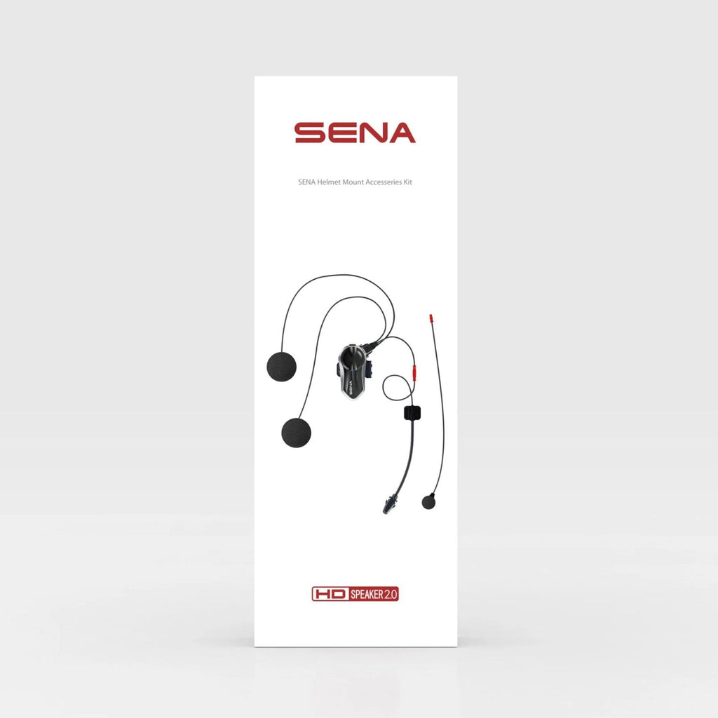 Sena B20 helmet clamp kit box with headset clamp, speakers, and wired boom mics diagram