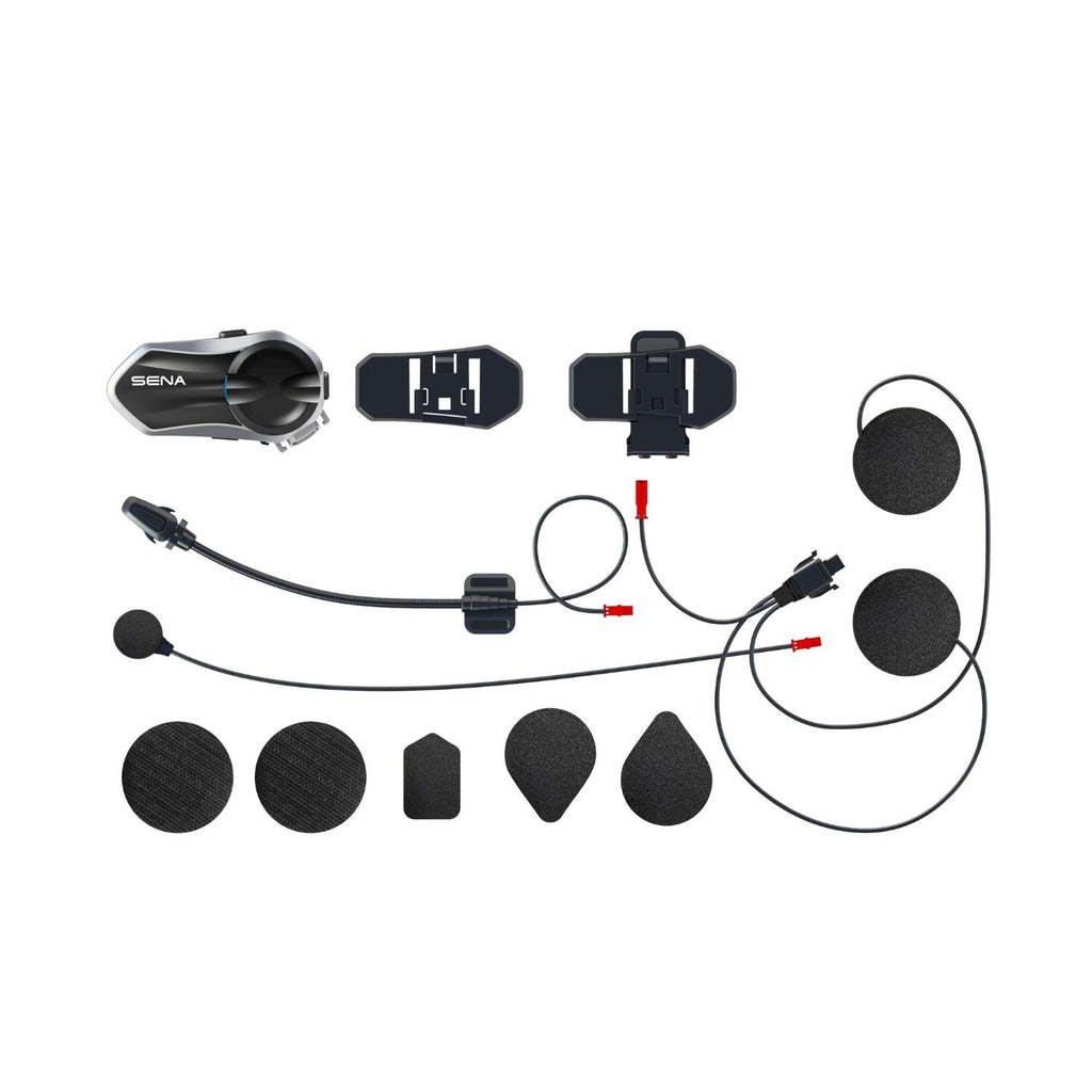 Sena B20 helmet clamp kit components: clamp unit, speakers, boom mics, and cables