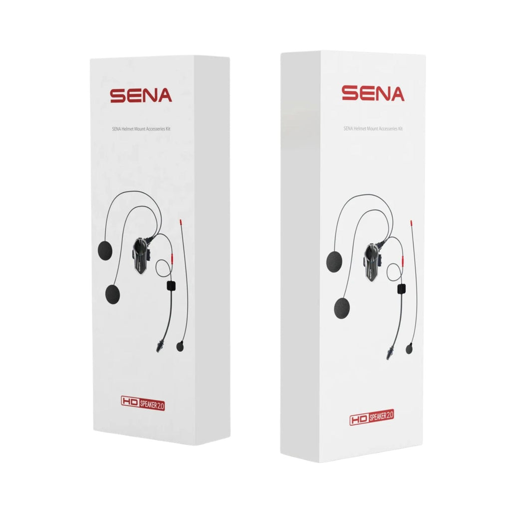 Sena B20 helmet clamp kit retail boxes showing clamp, speakers, boom mics, cables